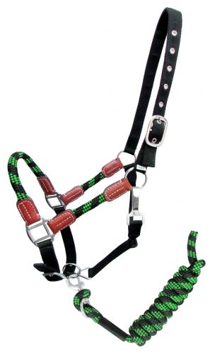 Showman Nylon halter and matching lead rope with leather accents #2